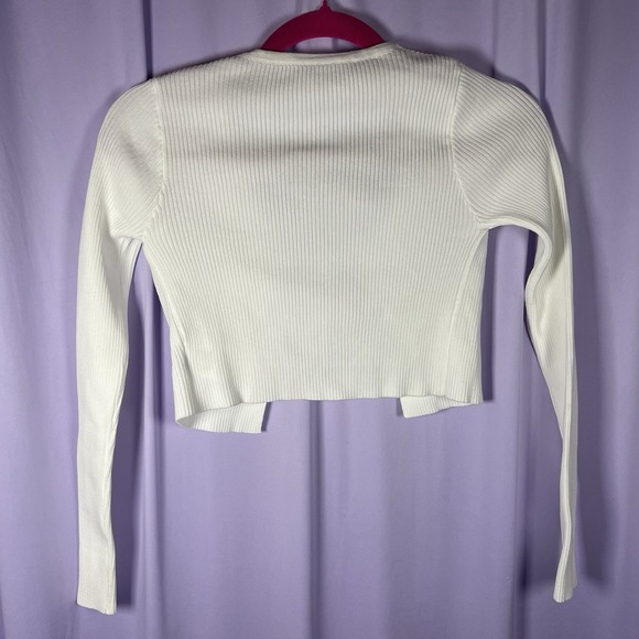 Cream Ribbed Knit Tie Front Cardigan Womens Size XS Off White Chic Minimalist - Picture 8 of 8